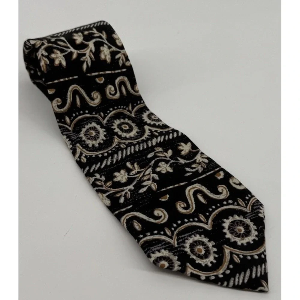 Vintage Pica Sador Italian Silk Tie Black Floral Paisley Necktie Wide Retro Mod